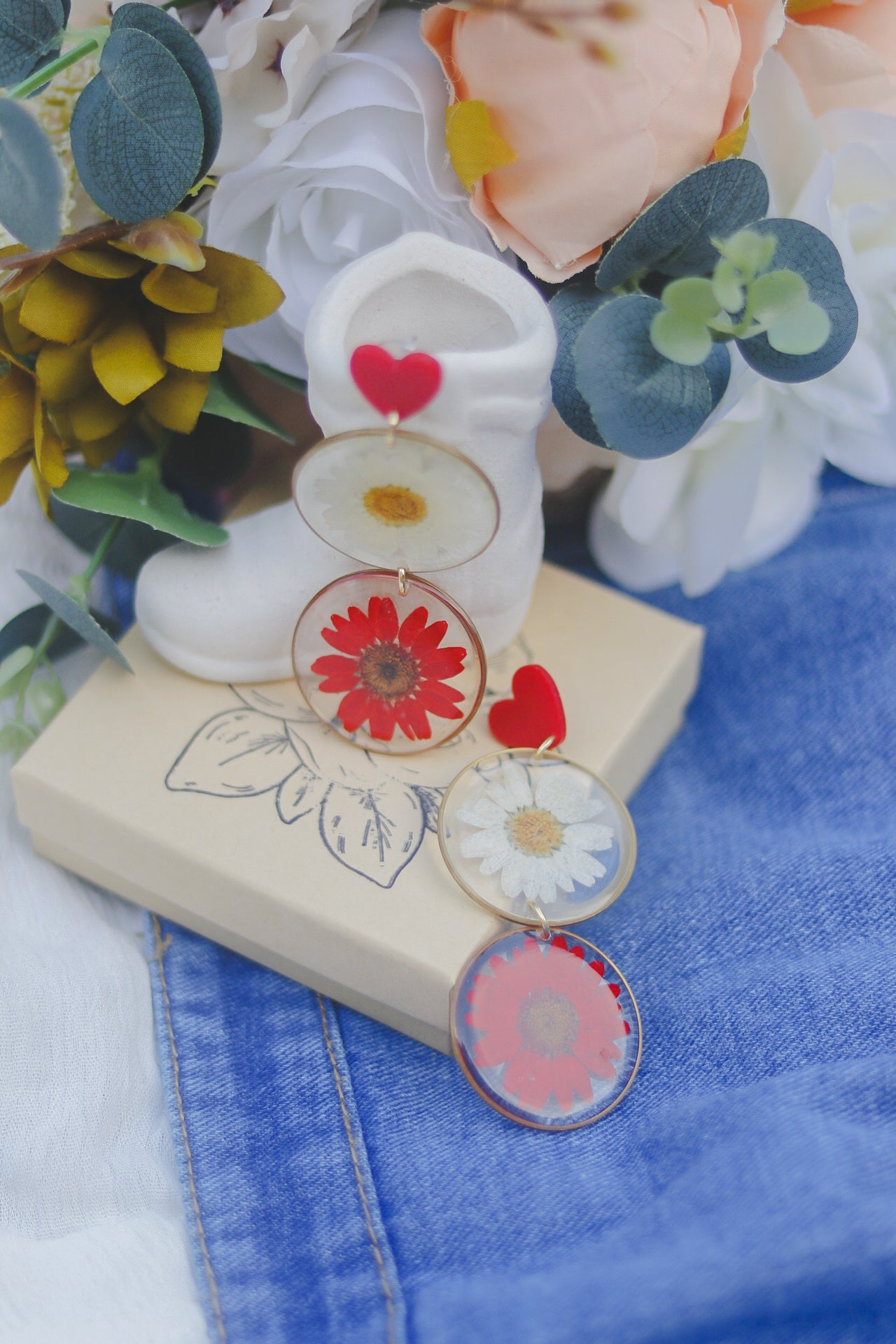 Real Pressed Flower Earrings | Double Daisy | Red Heart Post | Football and Florals
