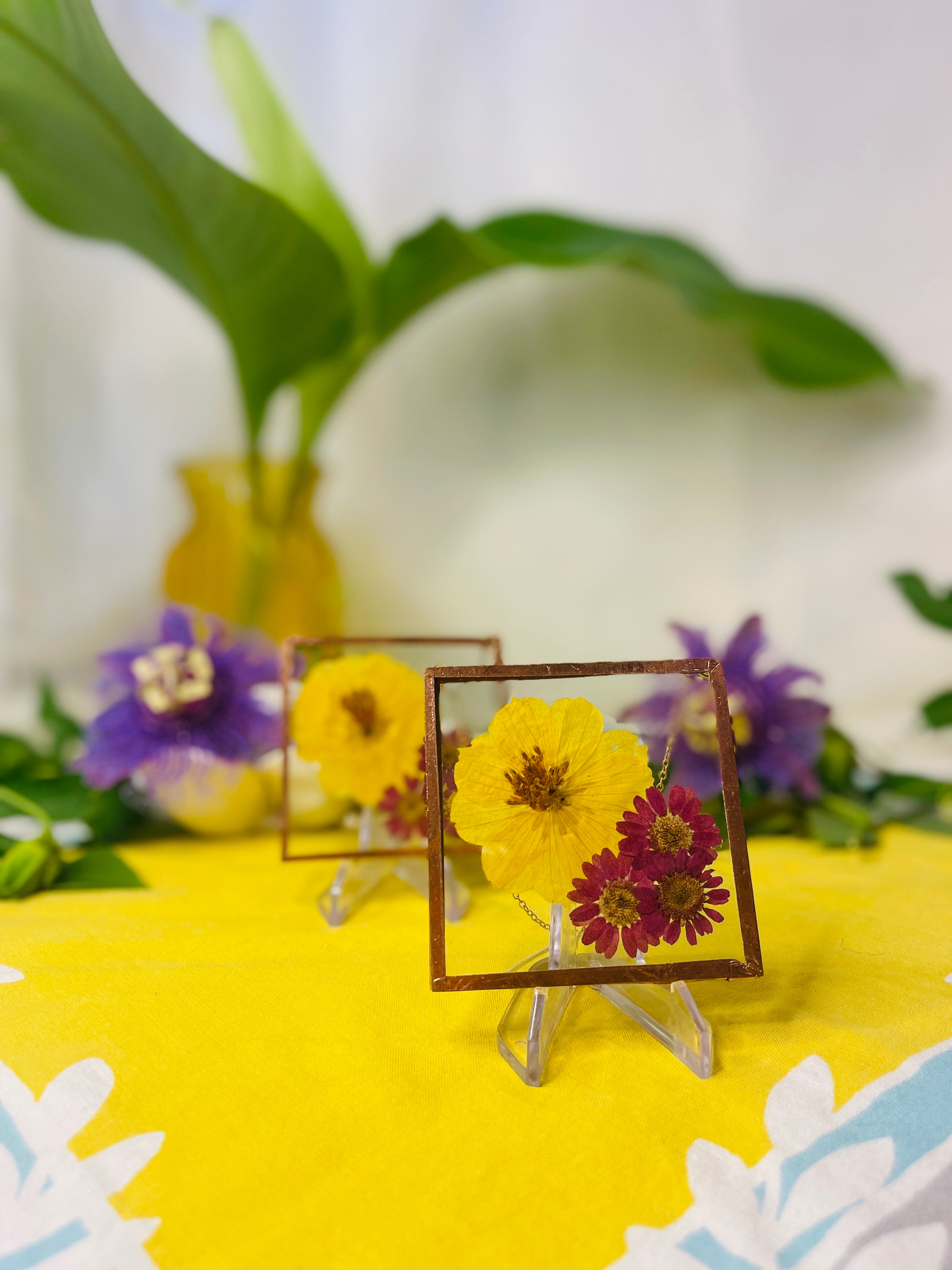 Pressed Flower Frame- Yellow Cosmo & Purple Daisies
